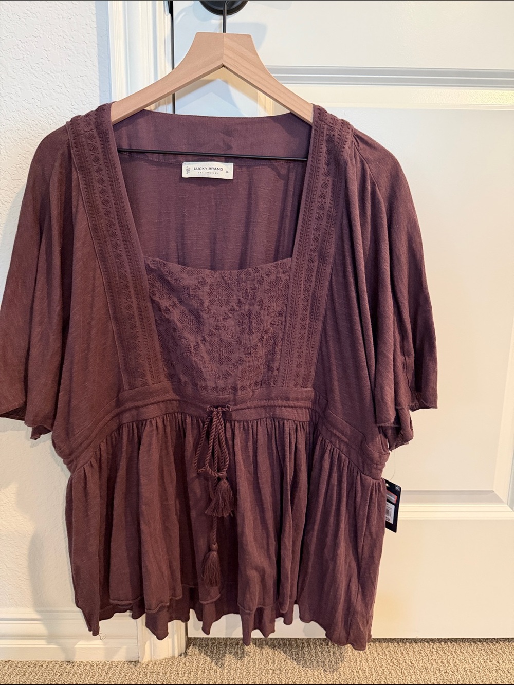 Lucky Brand Mauve Lace-Trim Peasant Tunic